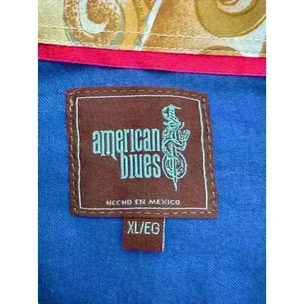 Vintage American Blues Embroidered Men’s Shirt XL Linen Mexico Long sleeve Blue